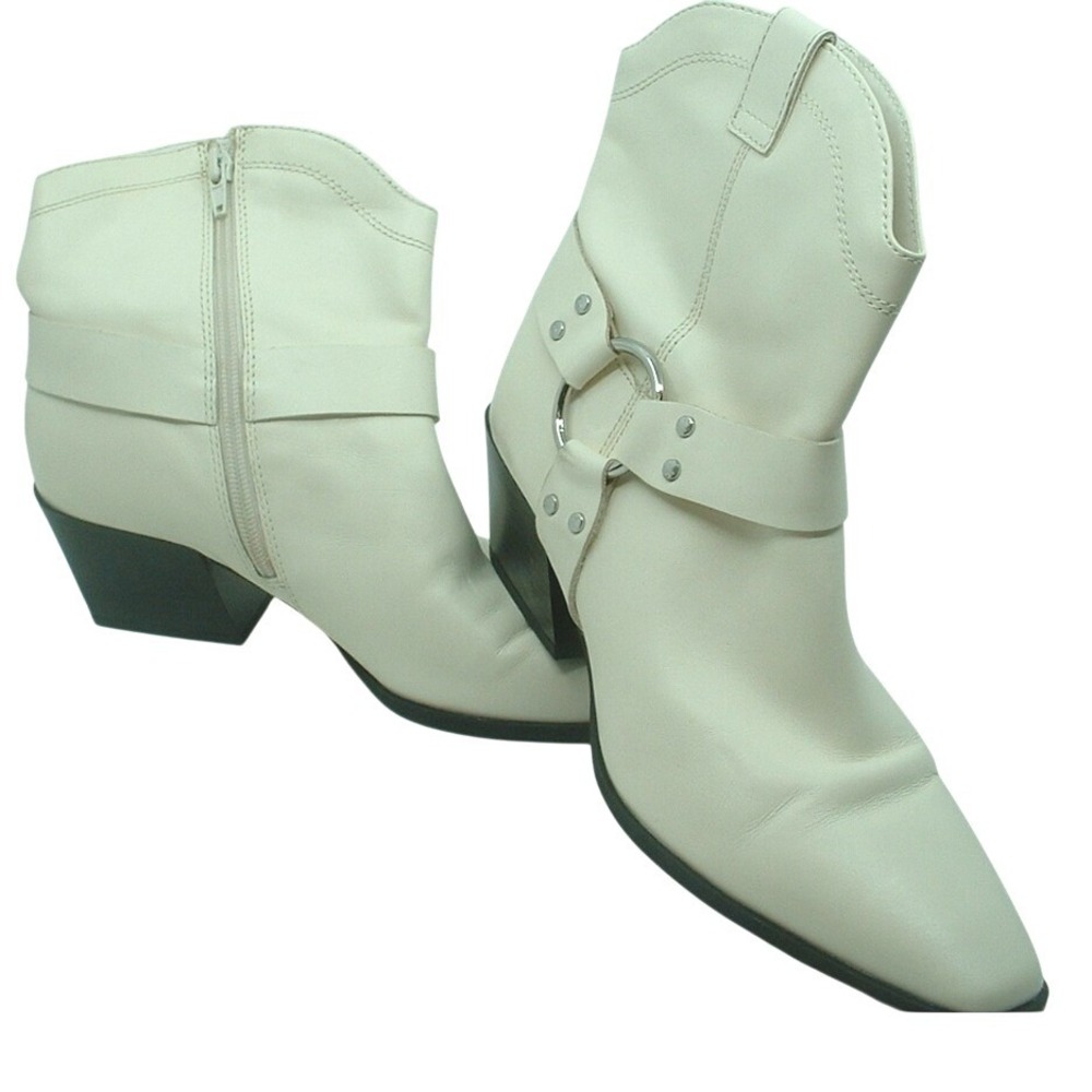 Open Edit Leather Harness Western Ankle Boots Women Sz 8 White Pointed Toe
